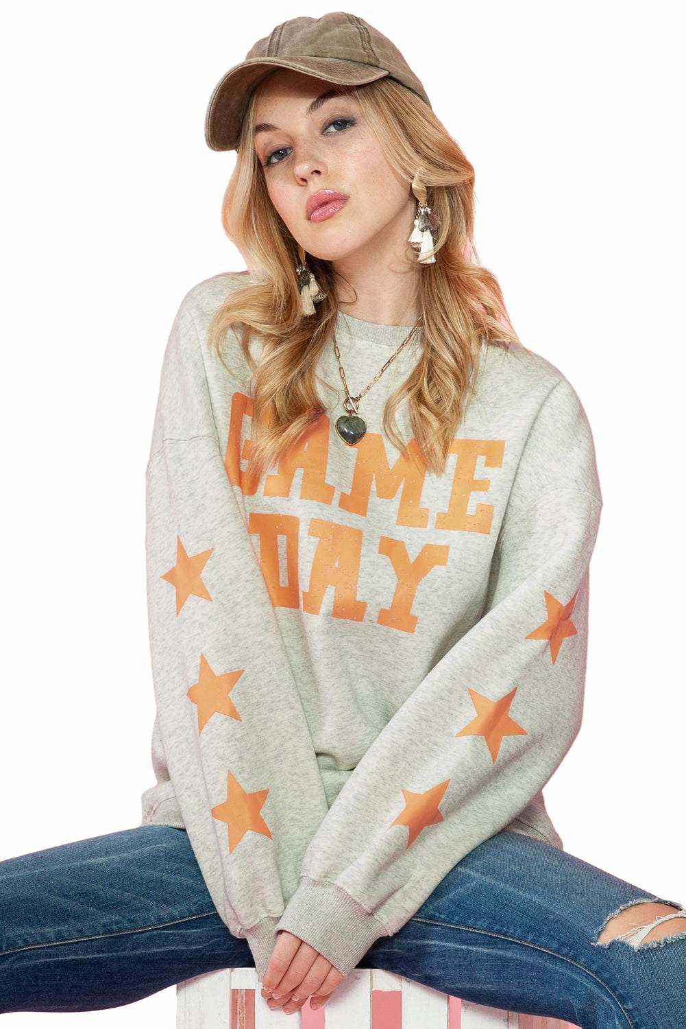 Black Lettering Game Day Print Star Sleeve Sweatshirt - Vesteeto