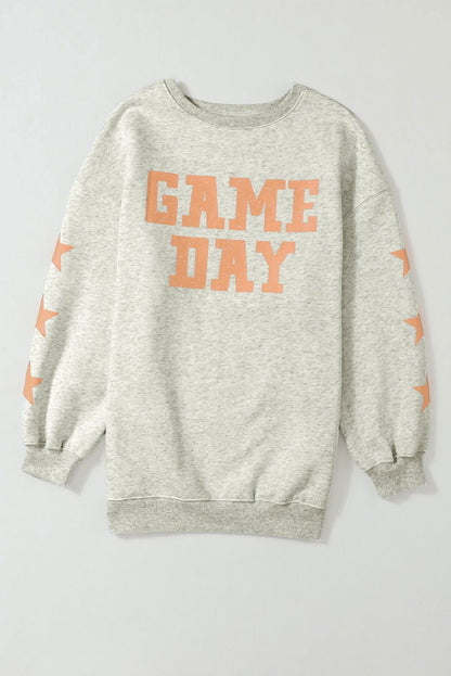 Black Lettering Game Day Print Star Sleeve Sweatshirt - Vesteeto