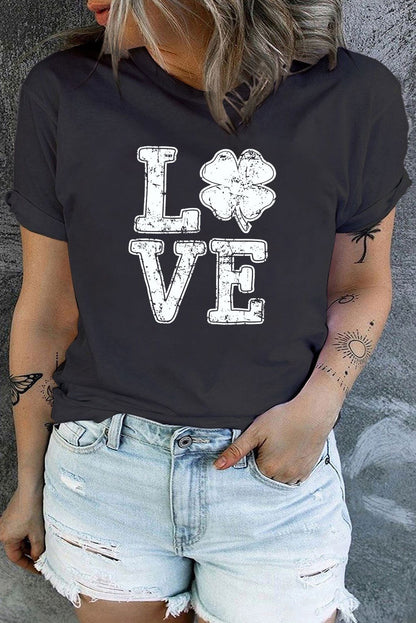 Black LOVE Clover Print Crewneck Plus Size T Shirt - Vesteeto