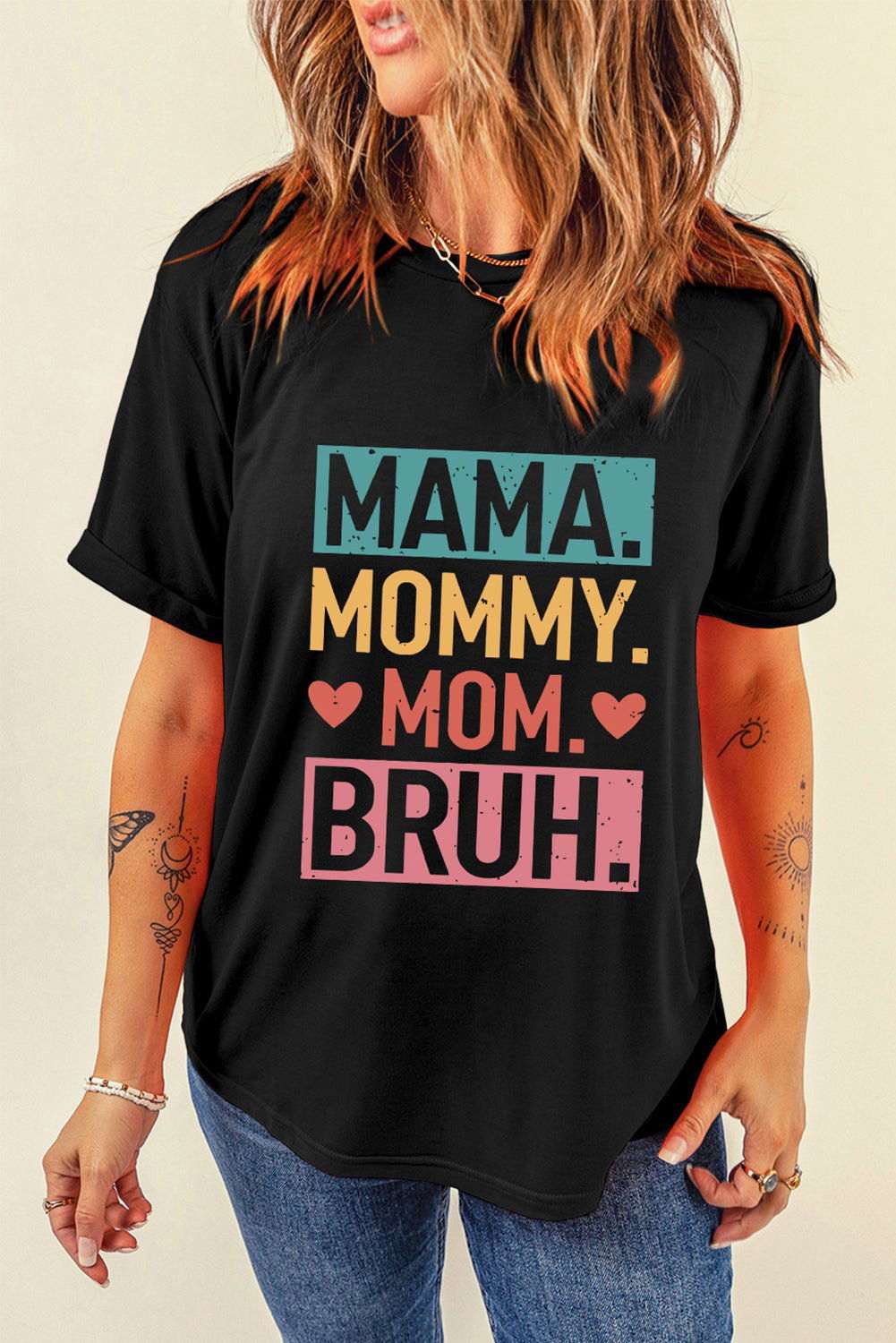 Black MAMA MOMMY MOM BRUH Letter Graphic Tee - Vesteeto