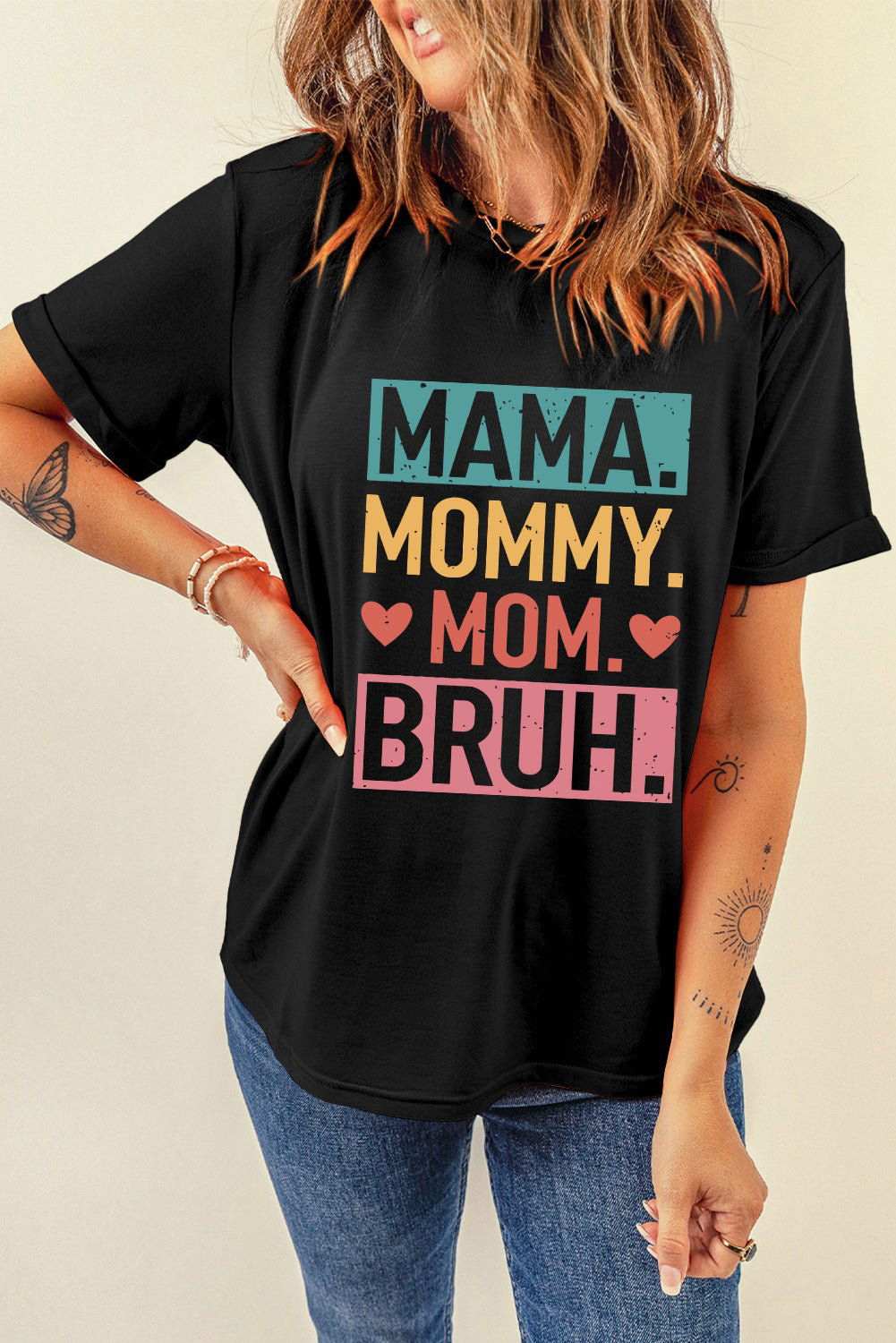 Black MAMA MOMMY MOM BRUH Letter Graphic Tee - Vesteeto