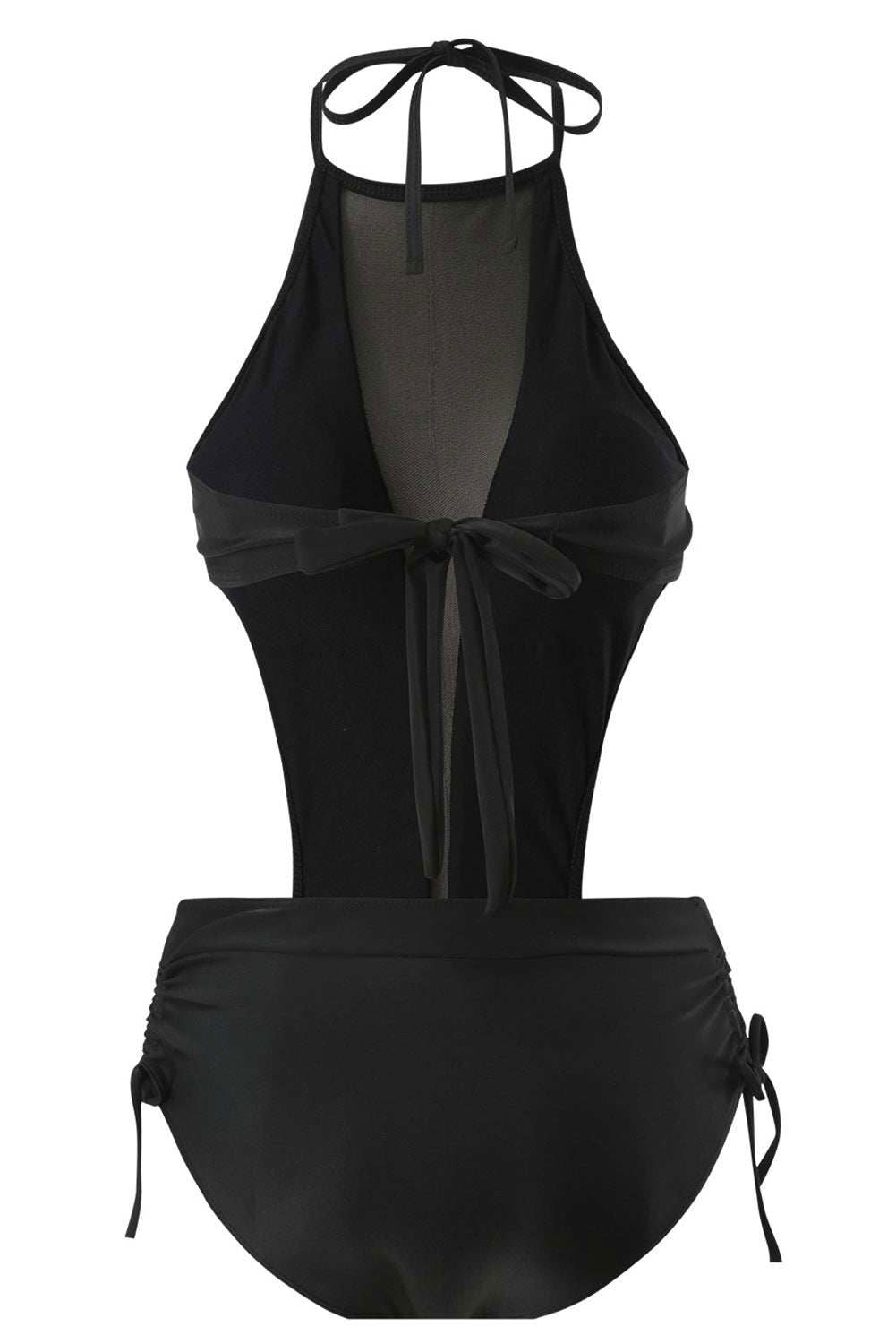 Black Mesh Splicing Knotted Halter Backless One Piece Swimsuit - Vesteeto