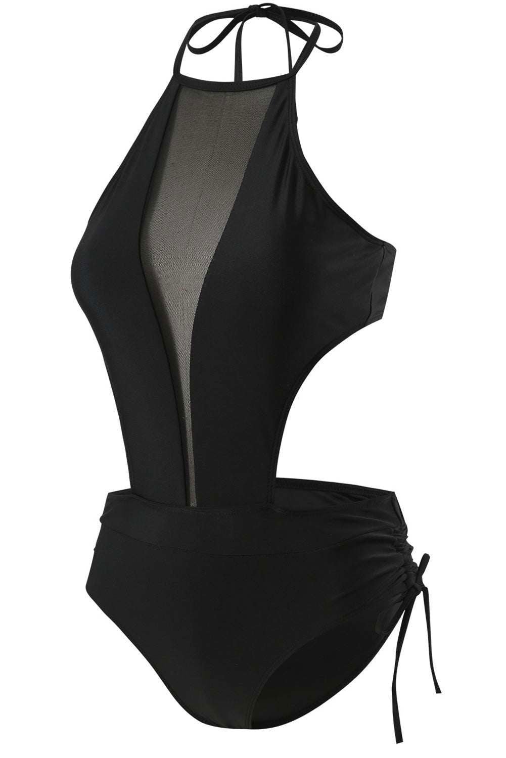 Black Mesh Splicing Knotted Halter Backless One Piece Swimsuit - Vesteeto