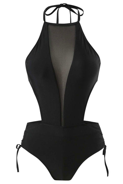 Black Mesh Splicing Knotted Halter Backless One Piece Swimsuit - Vesteeto