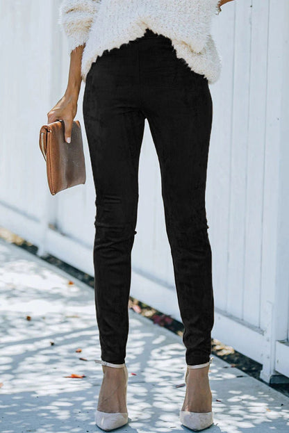 Black Mid Rise Faux Suede Skinny Leggings - Vesteeto