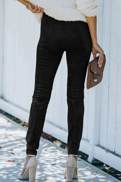 Black Mid Rise Faux Suede Skinny Leggings - Vesteeto