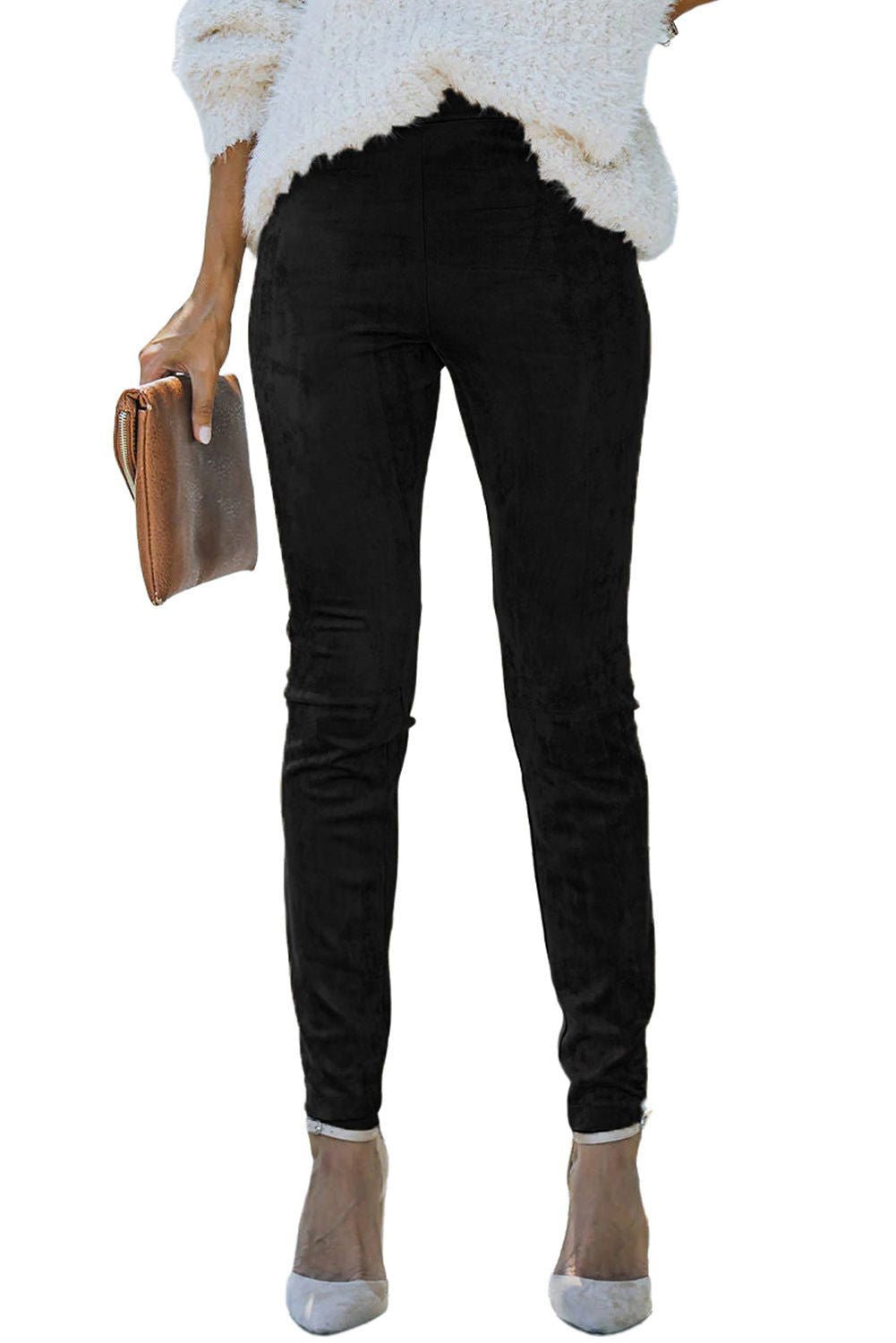 Black Mid Rise Faux Suede Skinny Leggings - Vesteeto