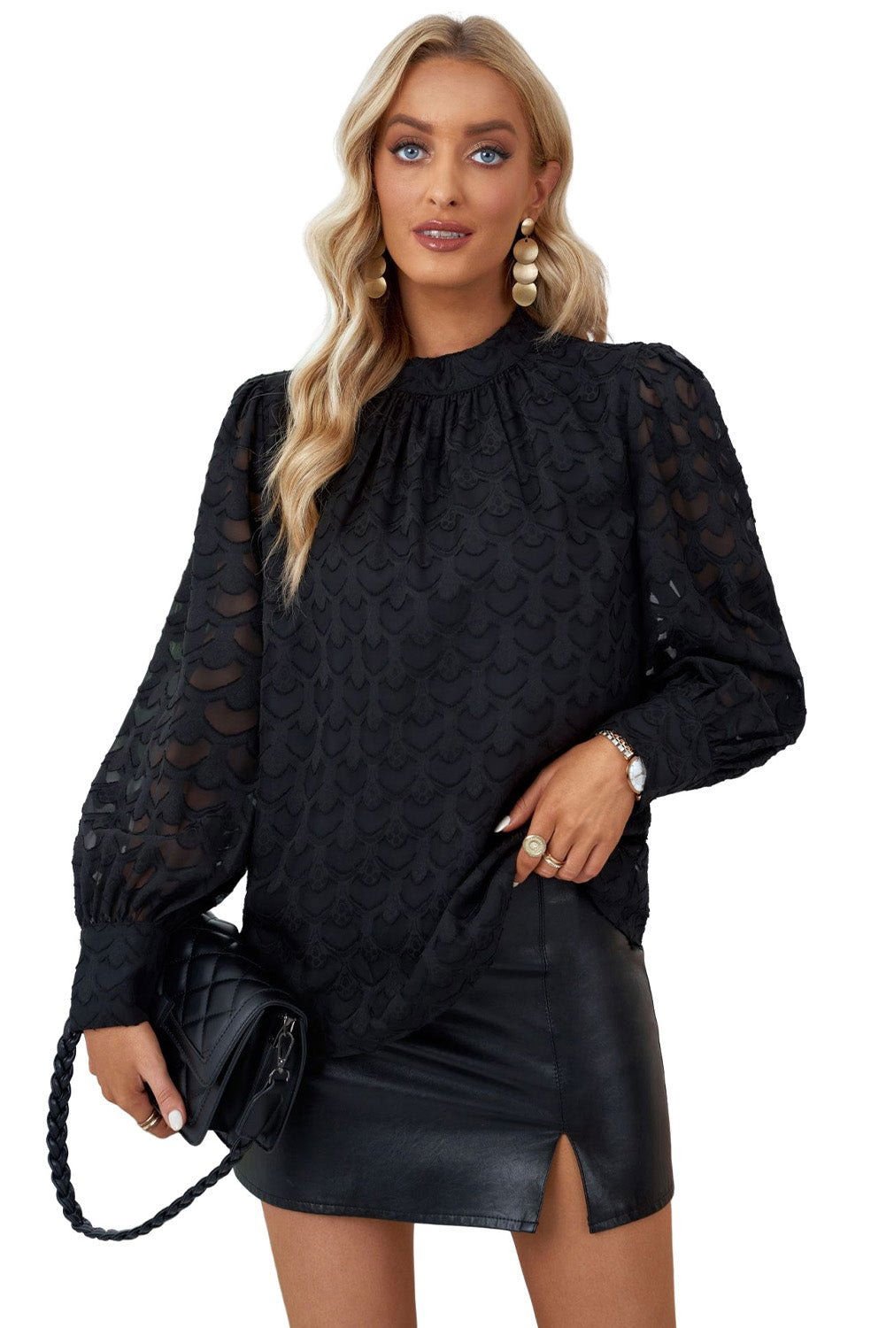 Black Mock Neck Top Jacquard Tie Back Bishop Sleeve Blouse - Vesteeto