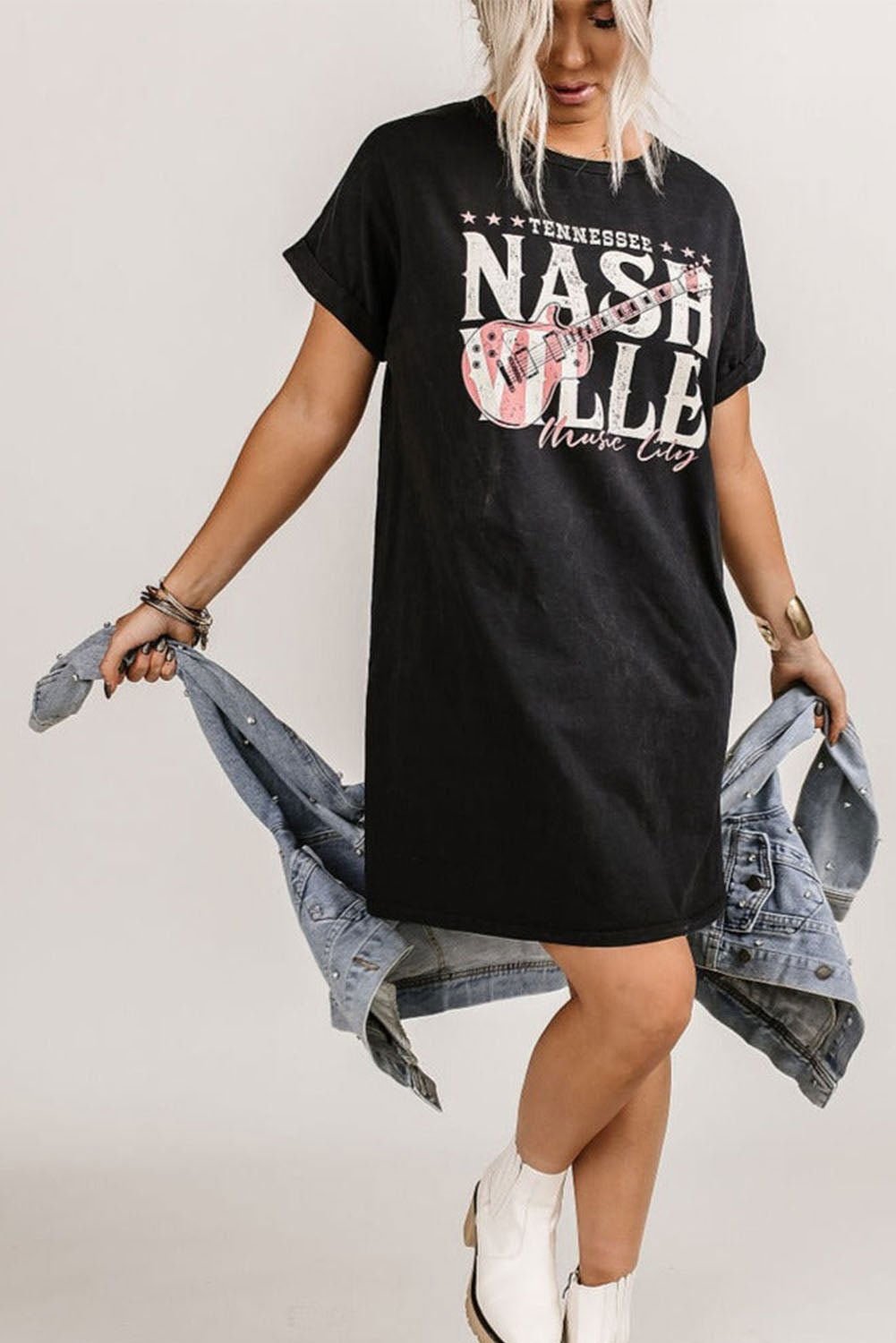 Black Nashville Music Festival Trending T-Shirt Dress - Vesteeto