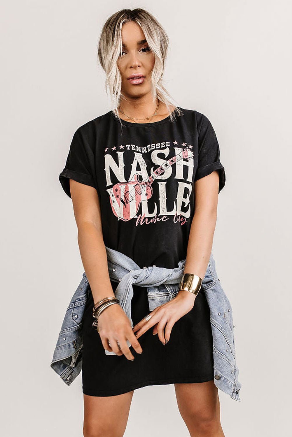 Black Nashville Music Festival Trending T-Shirt Dress - Vesteeto