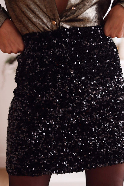 Black Party Sequin High Waist Mini Skirt - Vesteeto