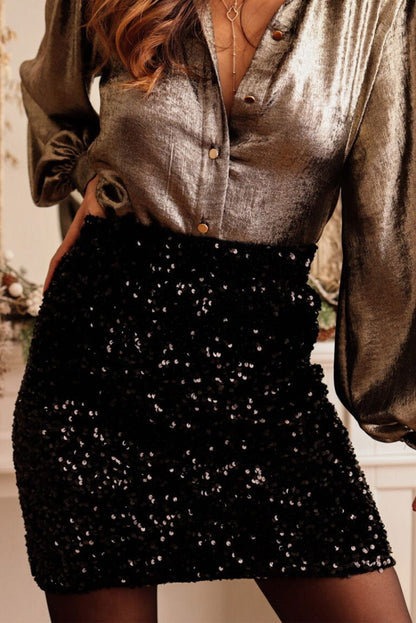 Black Party Sequin High Waist Mini Skirt - Vesteeto