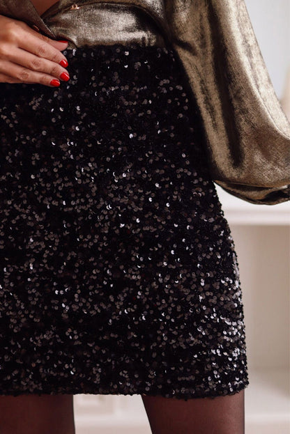 Black Party Sequin High Waist Mini Skirt - Vesteeto