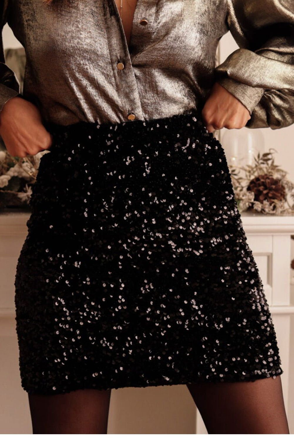 Black Party Sequin High Waist Mini Skirt - Vesteeto