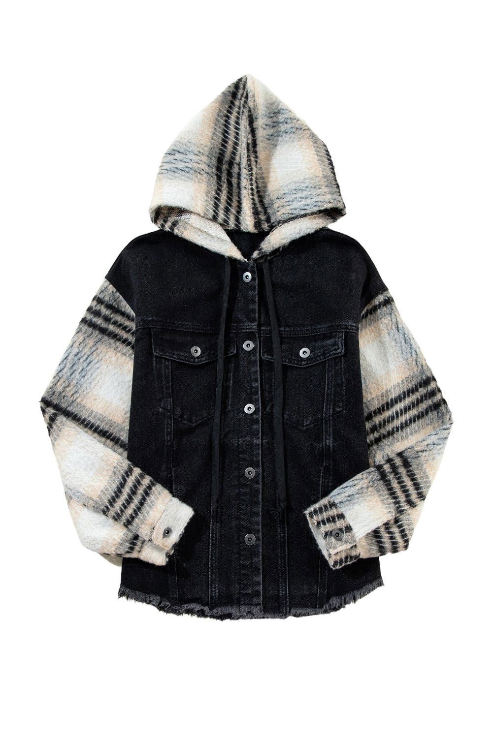 Black Patchwork Plaid Sleeve Frayed Hem Hooded Denim Jacket - Vesteeto