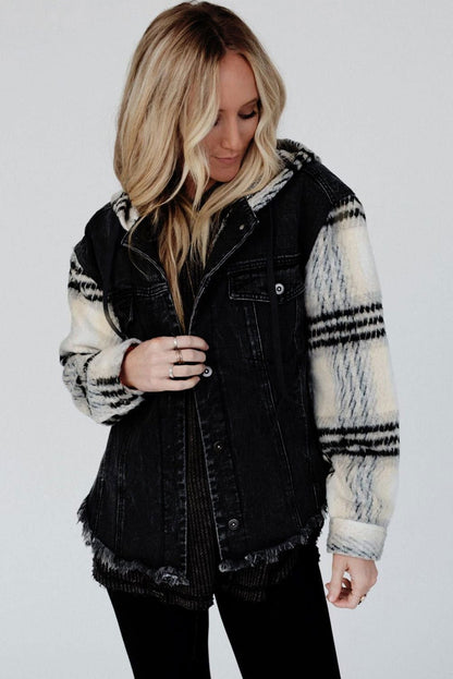 Black Patchwork Plaid Sleeve Frayed Hem Hooded Denim Jacket - Vesteeto