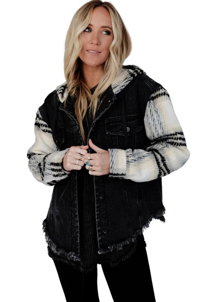 Black Patchwork Plaid Sleeve Frayed Hem Hooded Denim Jacket - Vesteeto