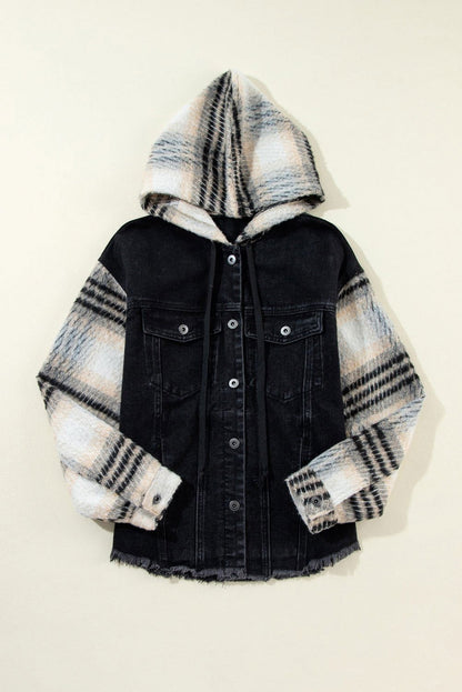 Black Patchwork Plaid Sleeve Frayed Hem Hooded Denim Jacket - Vesteeto