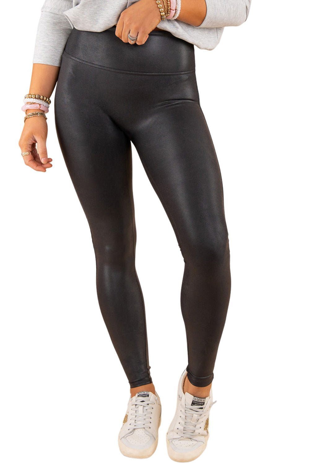 Black Piping Trim Sleek Leather High Waist Leggings - Vesteeto