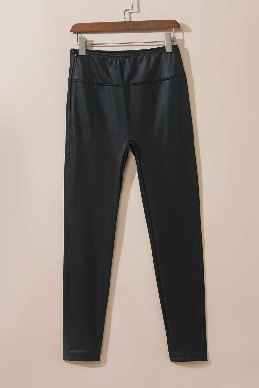 Black Piping Trim Sleek Leather High Waist Leggings - Vesteeto