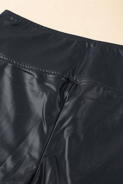 Black Piping Trim Sleek Leather High Waist Leggings - Vesteeto