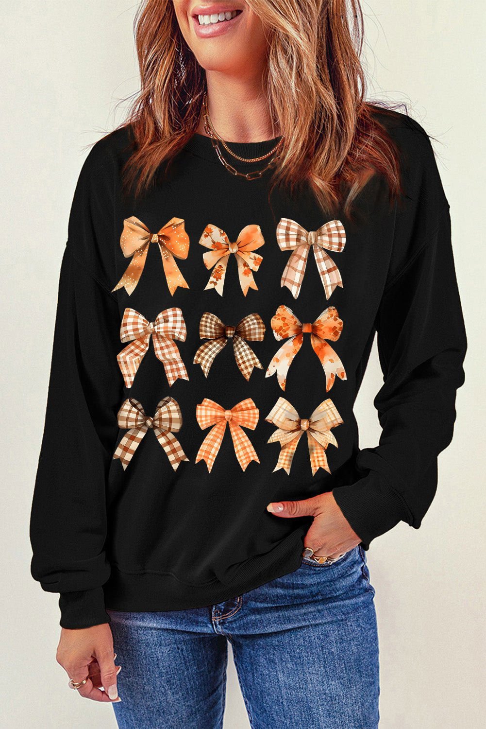 Black Plaid Bowknot Graphic Round Neck Sweatshirt - Vesteeto