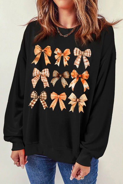 Black Plaid Bowknot Graphic Round Neck Sweatshirt - Vesteeto