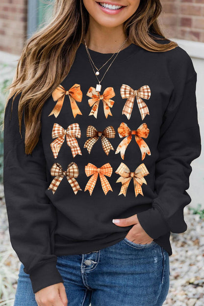 Black Plaid Bowknot Graphic Round Neck Sweatshirt - Vesteeto