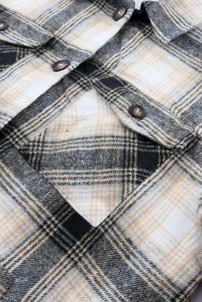 Black Plaid Casual Pocket Button Fleece Lining Shacket - Vesteeto