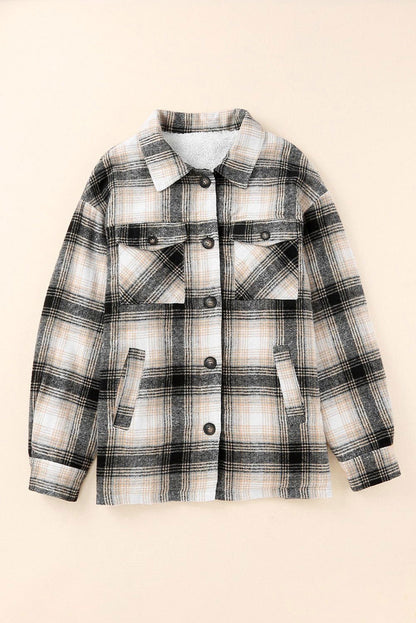 Black Plaid Casual Pocket Button Fleece Lining Shacket - Vesteeto