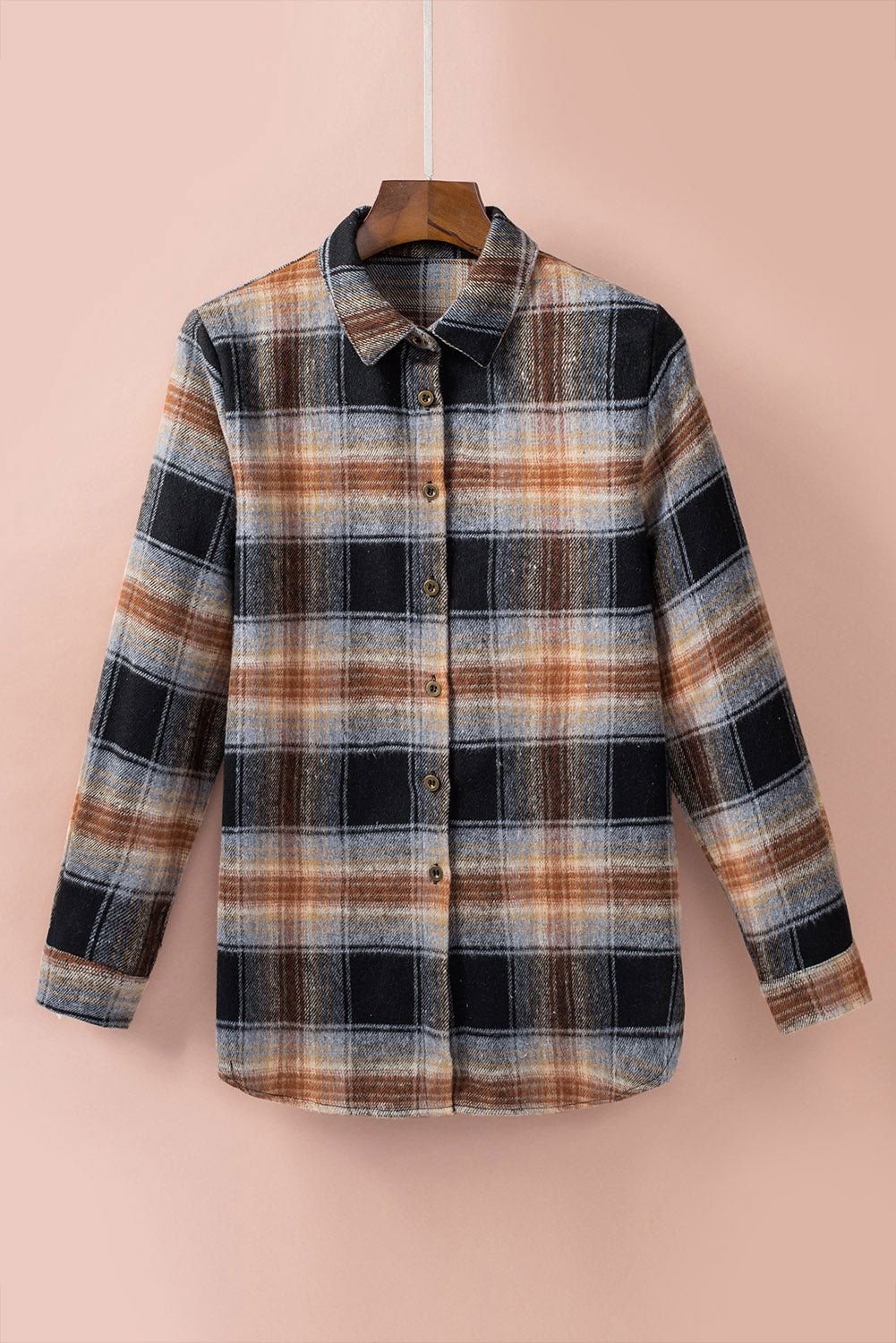 Black Plaid Collared Split Button Up Shacket - Vesteeto