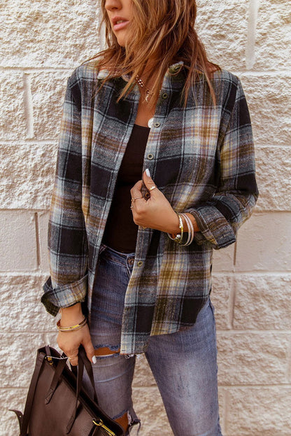 Black Plaid Collared Split Button Up Shacket - Vesteeto