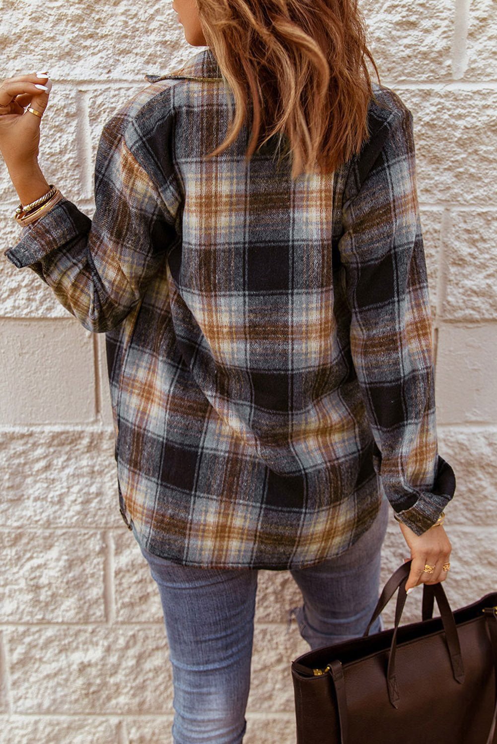 Black Plaid Collared Split Button Up Shacket - Vesteeto