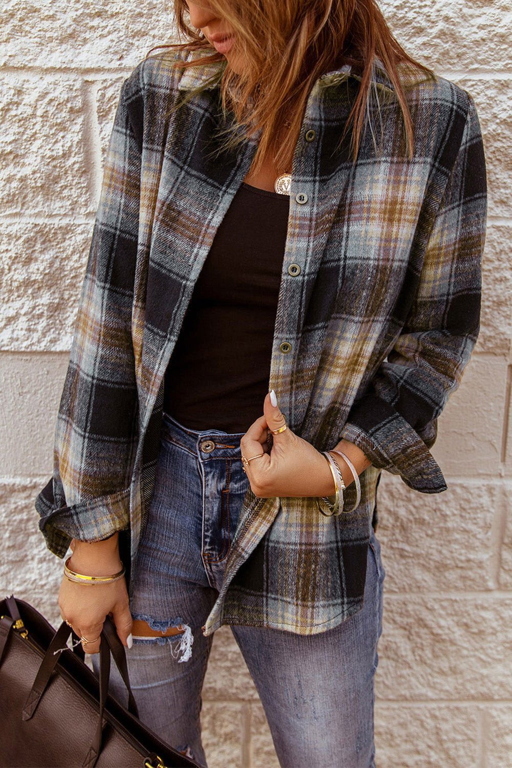 Black Plaid Collared Split Button Up Shacket - Vesteeto