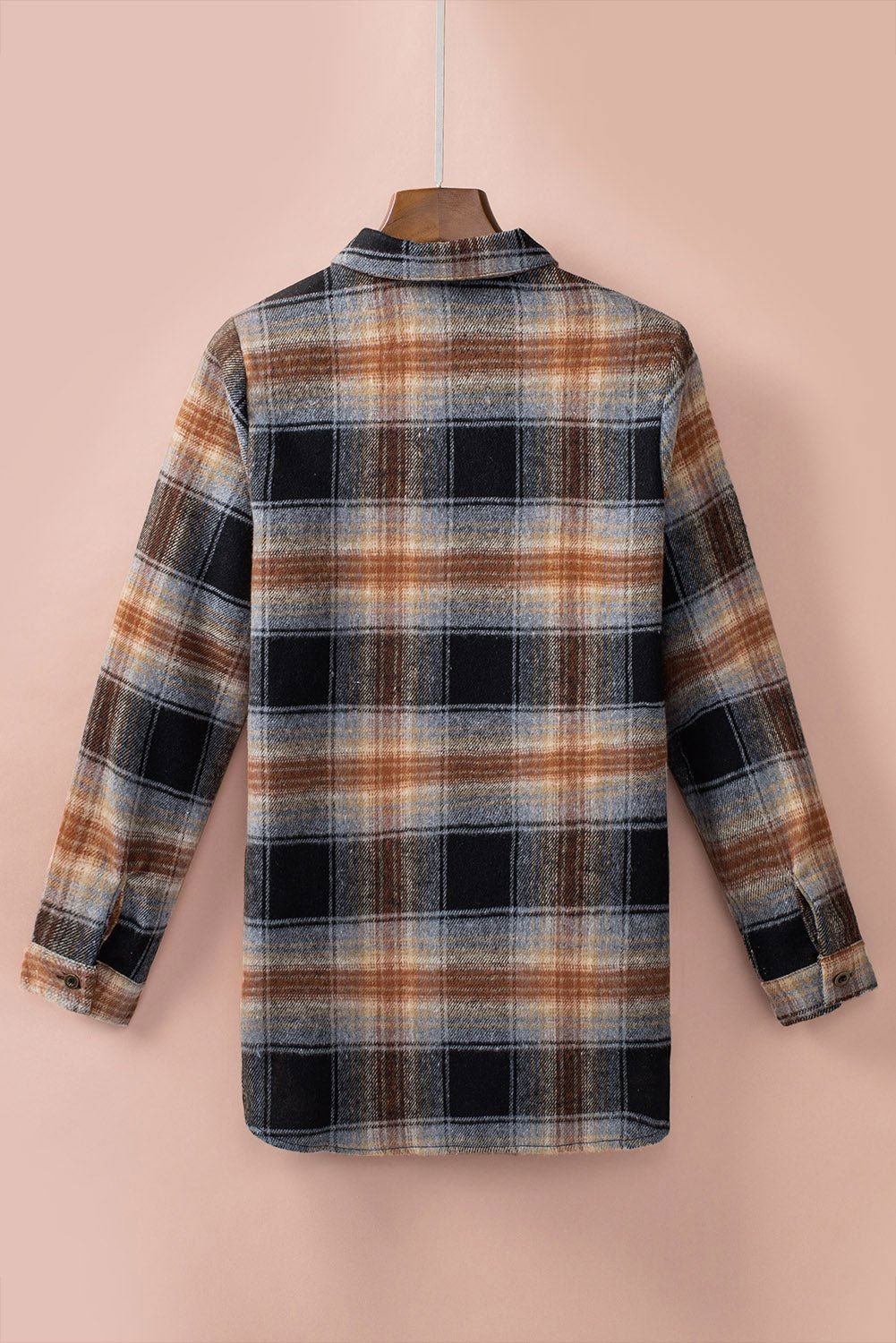 Black Plaid Collared Split Button Up Shacket - Vesteeto