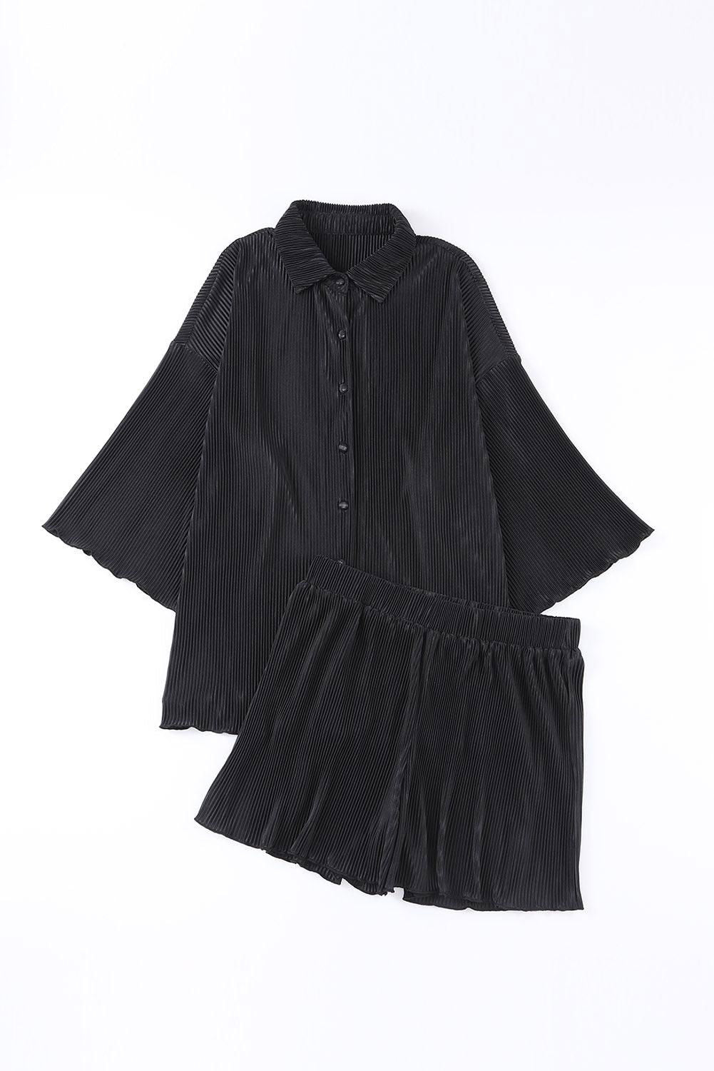 Black Plain Button Up Shirt and High Waisted Shorts Loungewear Set - Vesteeto