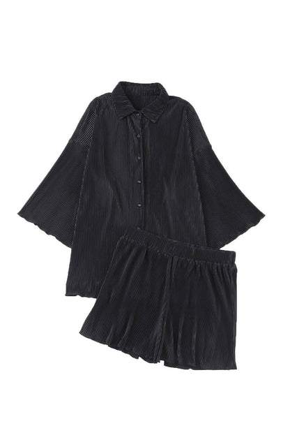 Black Plain Button Up Shirt and High Waisted Shorts Loungewear Set - Vesteeto