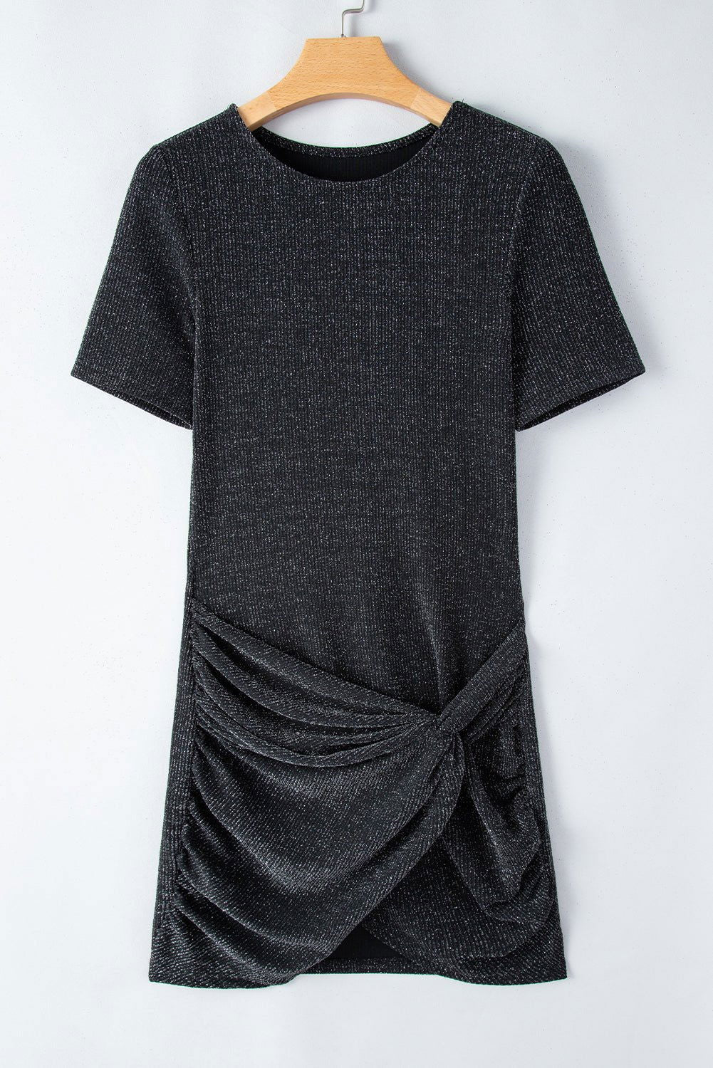 Black Plain Crew Neck Twist Front Tulip Hem Mini Dress - Vesteeto