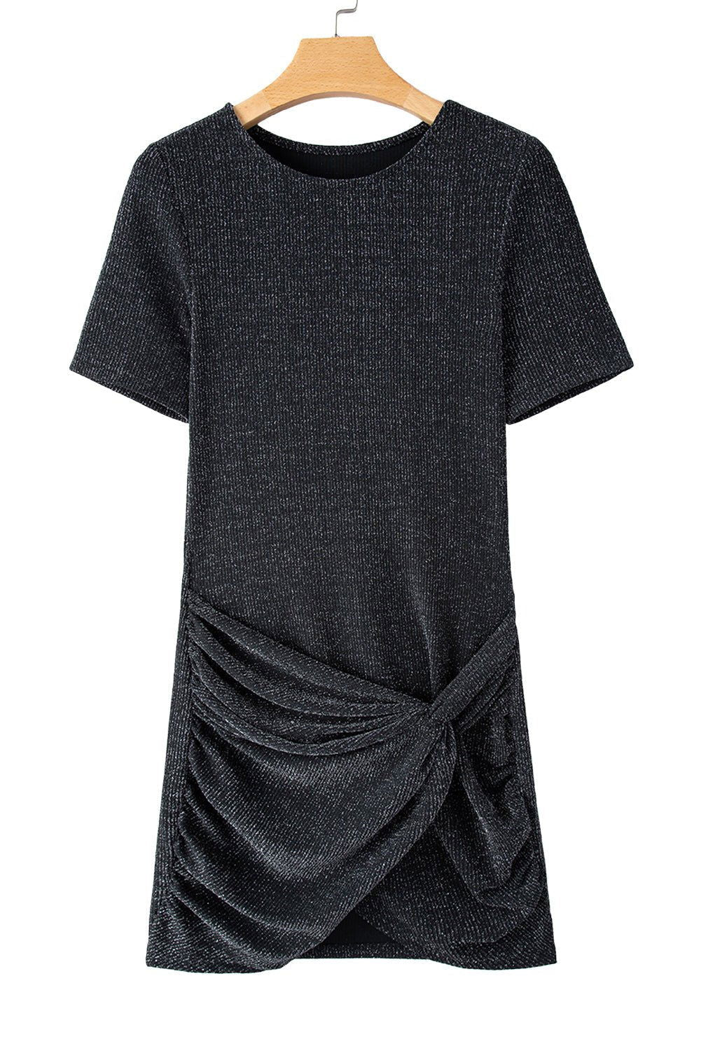 Black Plain Crew Neck Twist Front Tulip Hem Mini Dress - Vesteeto