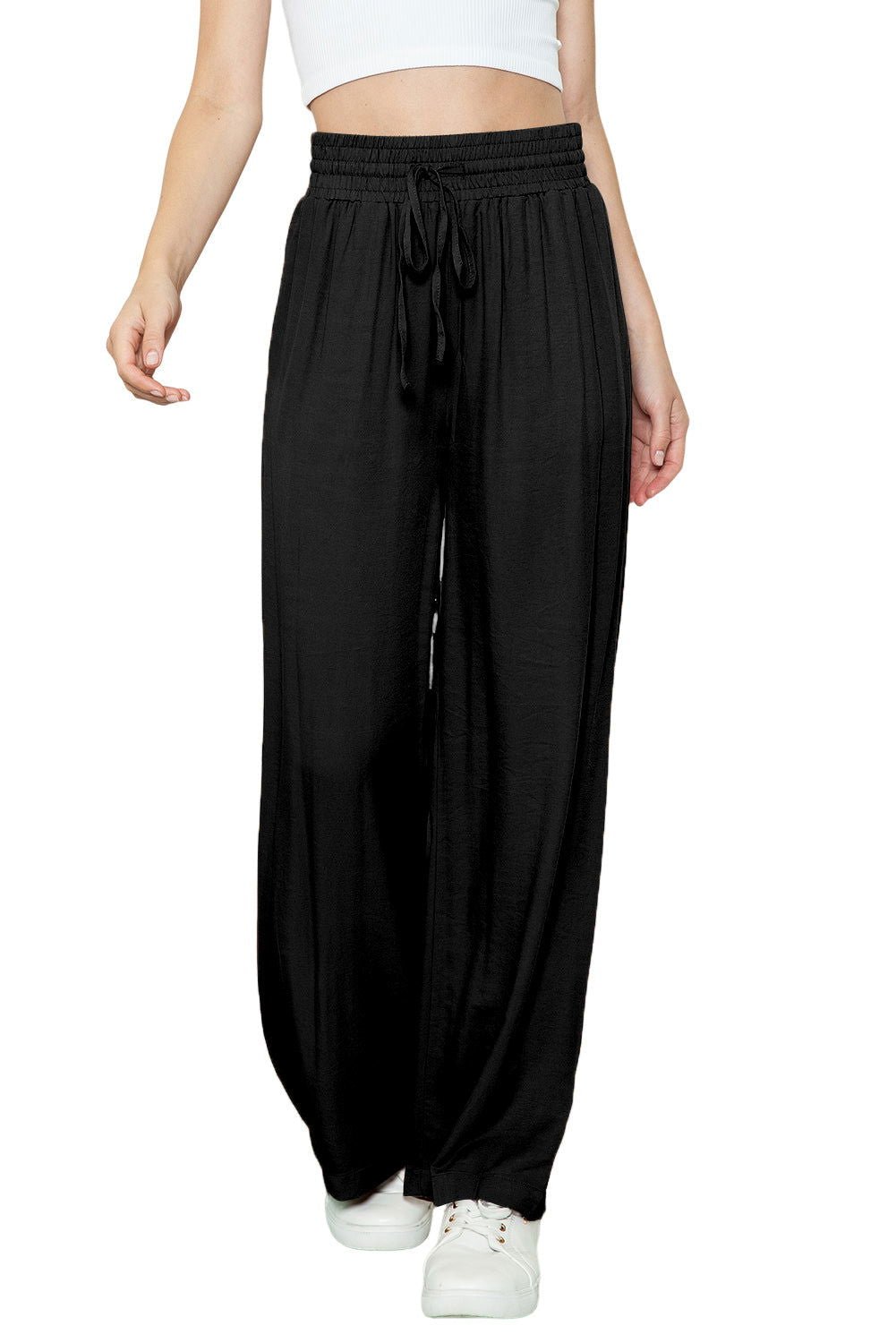 Black Plain Drawstring Shirred Elastic Waist Wide Leg Pants - Vesteeto