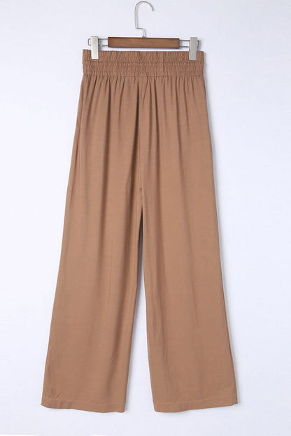 Black Plain Drawstring Shirred Elastic Waist Wide Leg Pants - Vesteeto