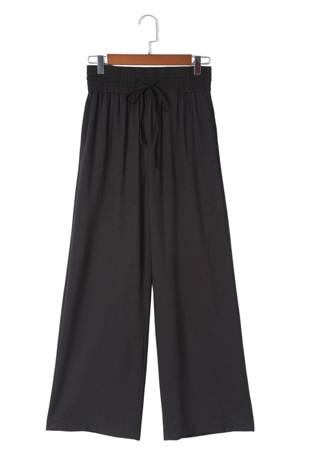 Black Plain Drawstring Shirred Elastic Waist Wide Leg Pants - Vesteeto