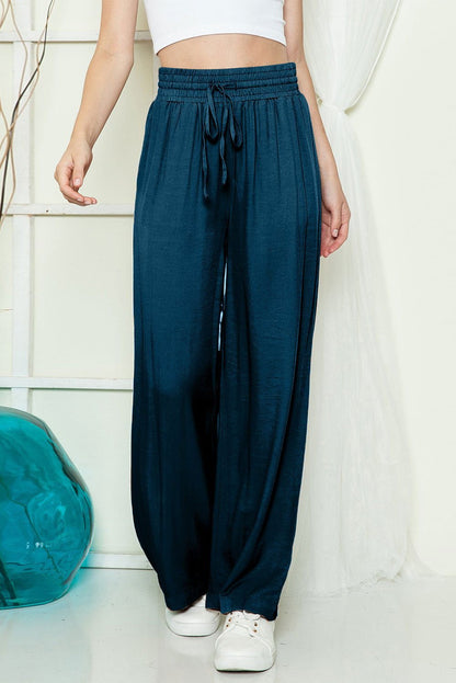 Black Plain Drawstring Shirred Elastic Waist Wide Leg Pants - Vesteeto