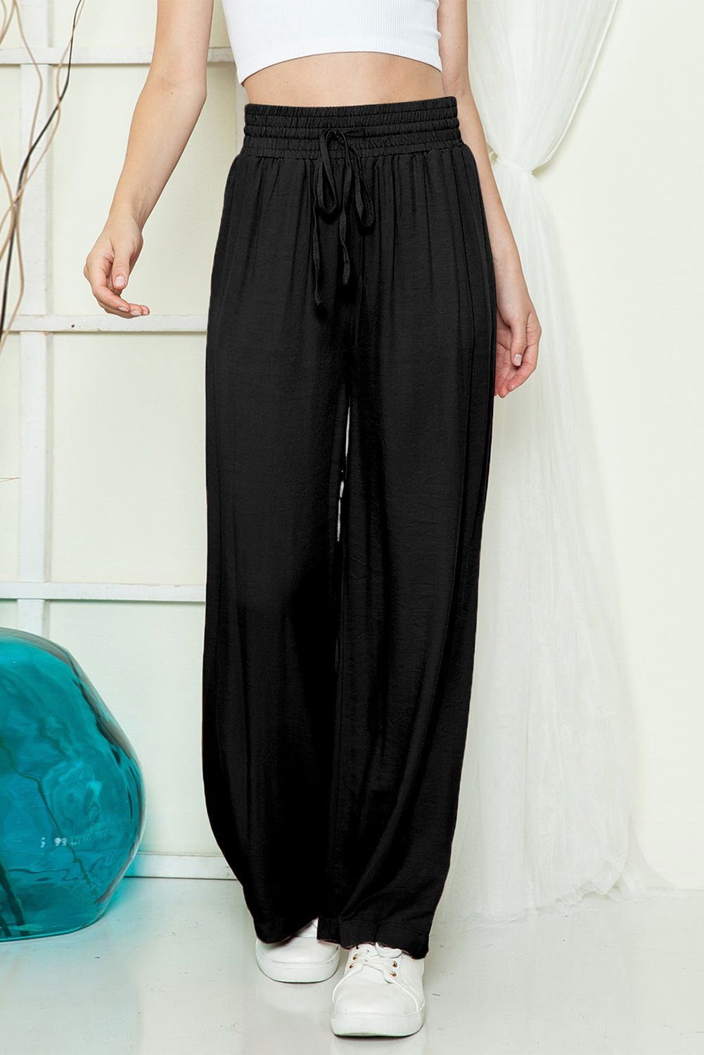 Black Plain Drawstring Shirred Elastic Waist Wide Leg Pants - Vesteeto