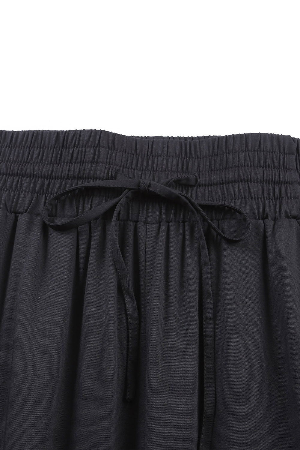 Black Plain Drawstring Shirred Elastic Waist Wide Leg Pants - Vesteeto