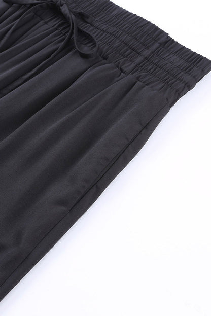 Black Plain Drawstring Shirred Elastic Waist Wide Leg Pants - Vesteeto