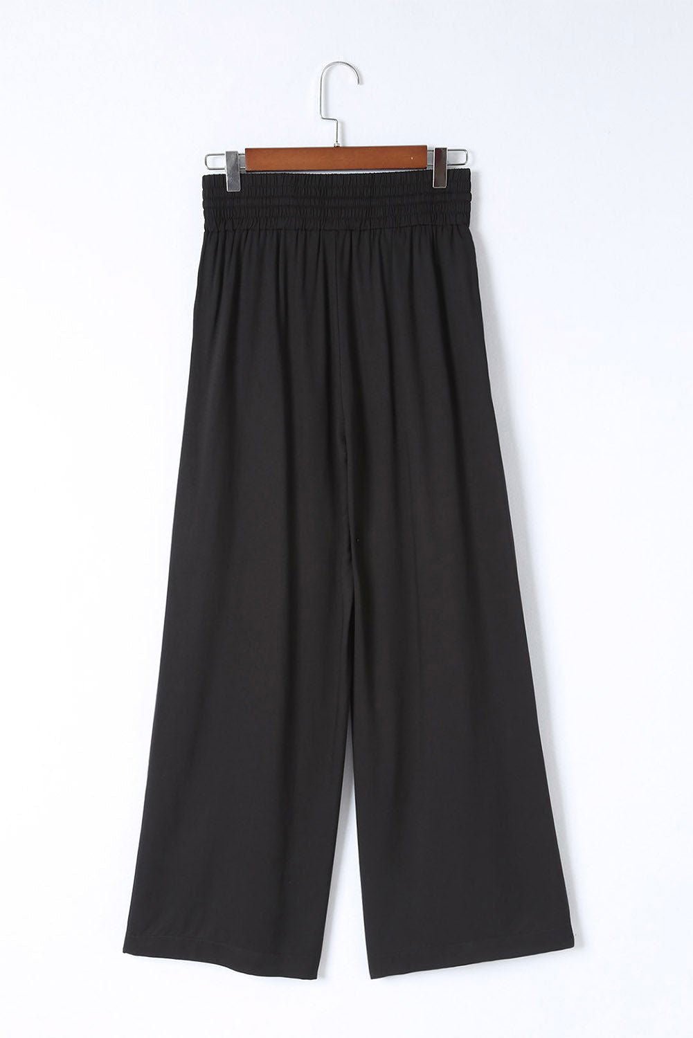 Black Plain Drawstring Shirred Elastic Waist Wide Leg Pants - Vesteeto