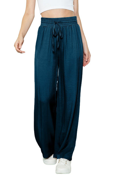 Black Plain Drawstring Shirred Elastic Waist Wide Leg Pants - Vesteeto