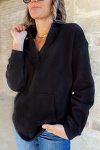 Black Plain V Neck Collared Pocketed Sweatshirt - Chic Comfort - Vesteeto