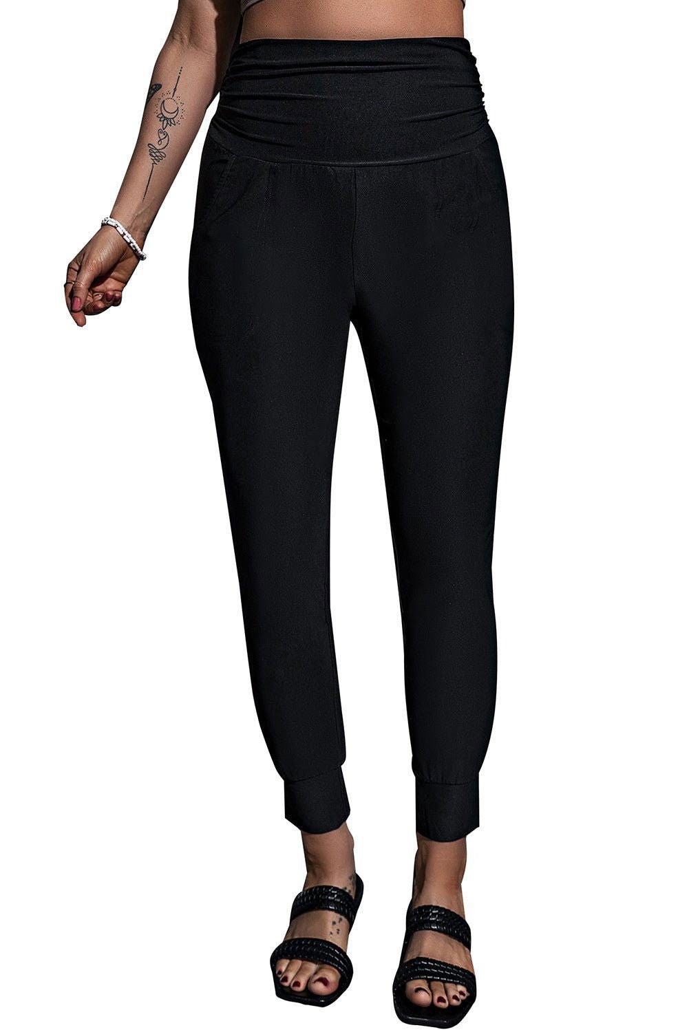 Black Pleated Casual Pocket High Waisted Leggings - Vesteeto